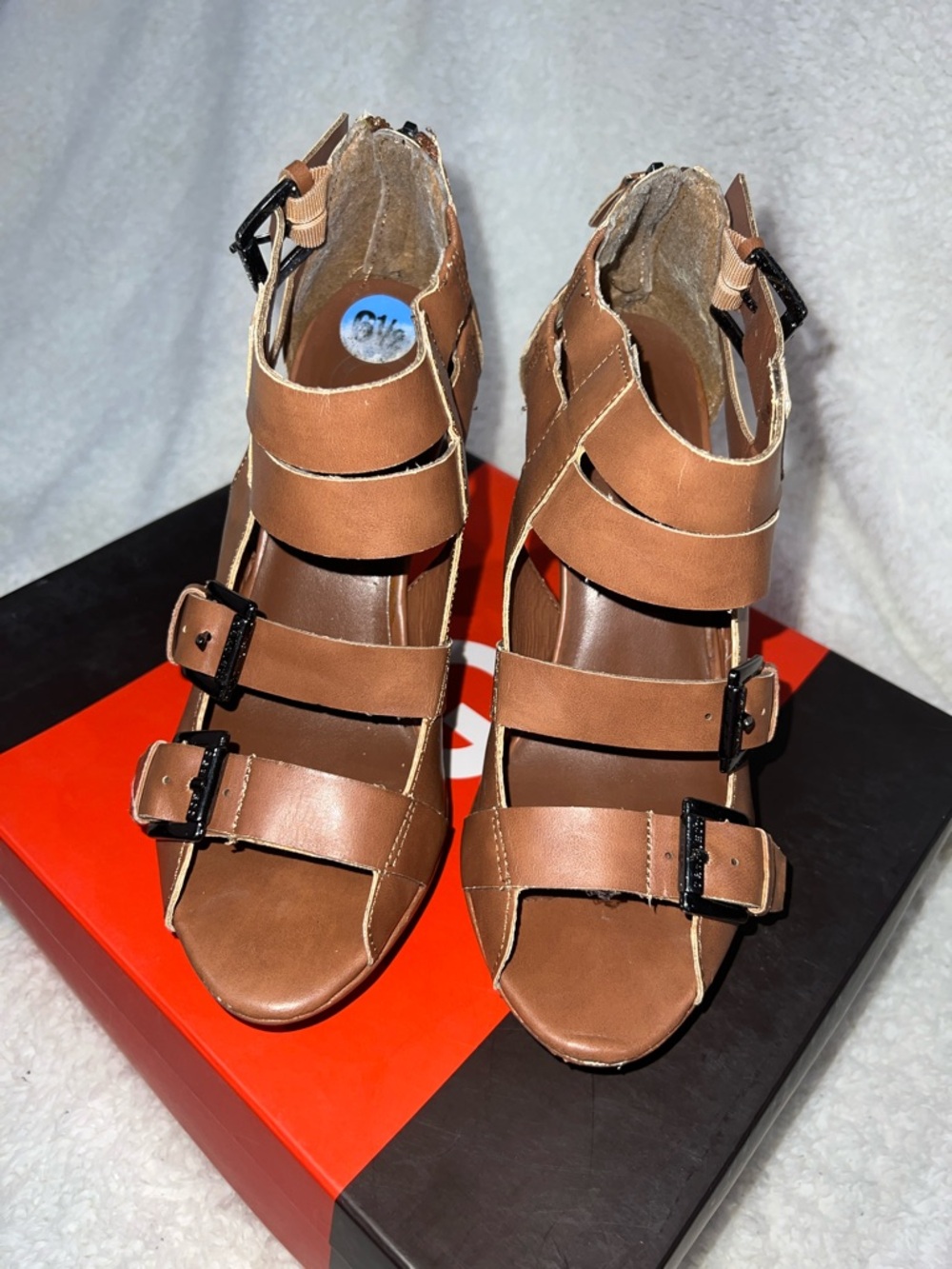 Women's Guess Tan Strappy Buckle Heels